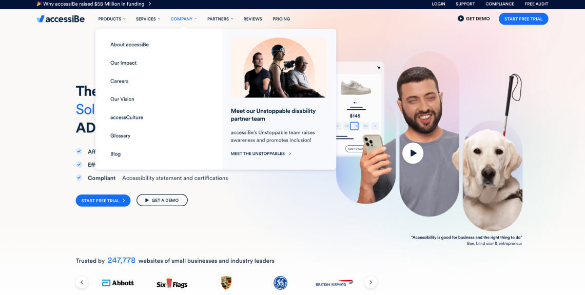 Screenshot of accessiBe's navigation bar, with COMPANY clicked on, and a drop-down menu activated.