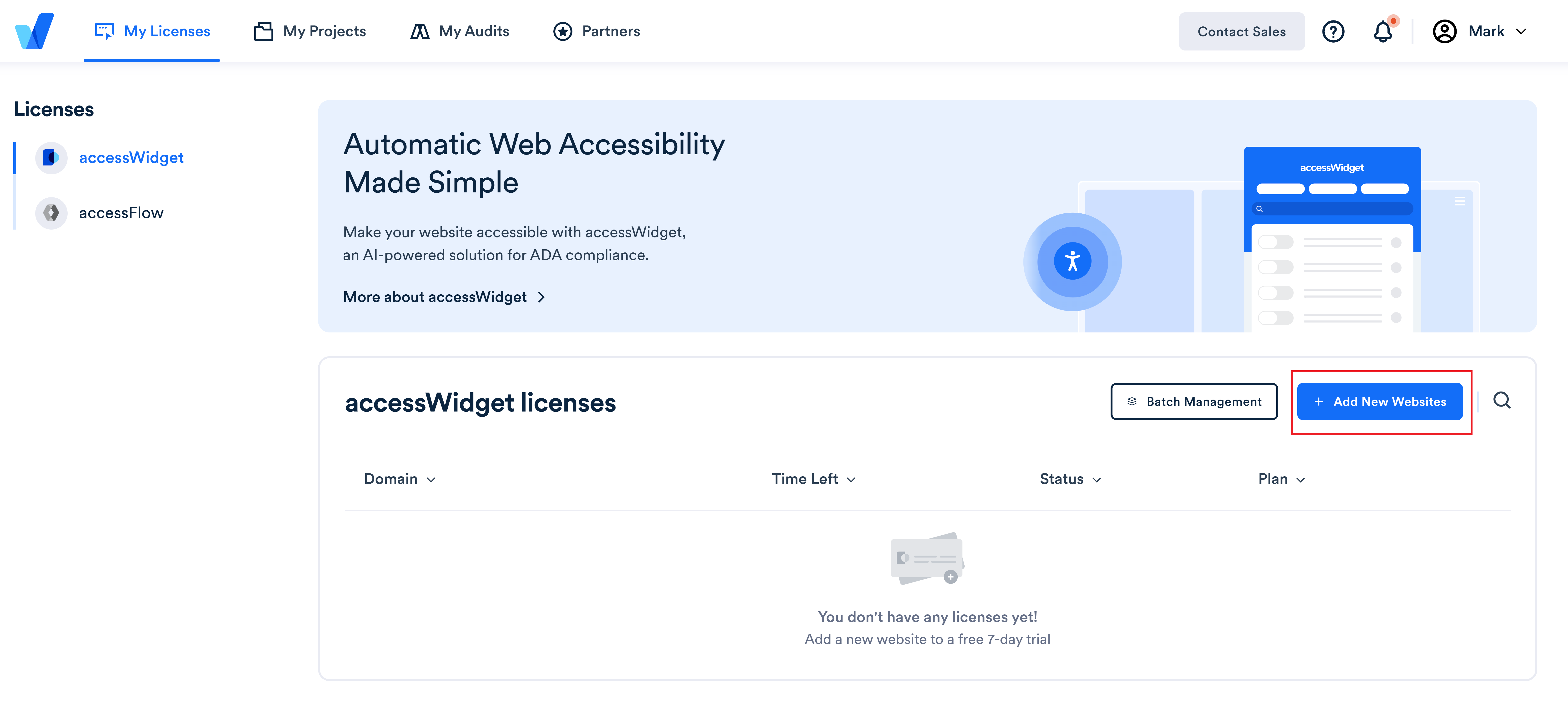 Screenshot of add new websites